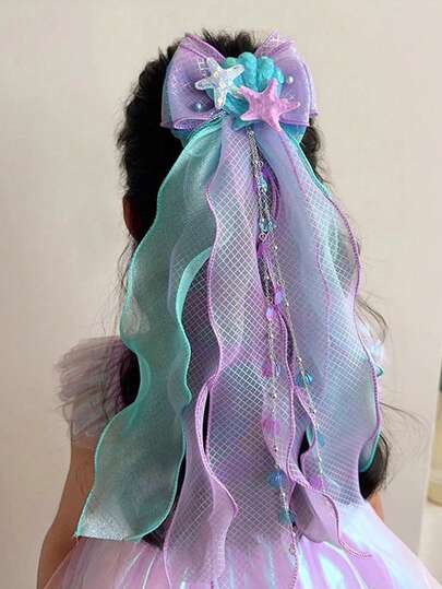 1pc Mermaid Princess Girl Bowknot Hair Clip, Ethereal Chiffon Hairpin, Girl's Birthday Performance Hair Accessory, Girls Hair Veil
