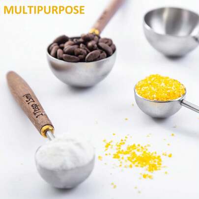 优质黑胡桃木蚀刻不锈钢 304 量勺套装，适用于商业餐厅、咖啡勺、烘焙测量、家庭烹饪分份、精密量勺套装