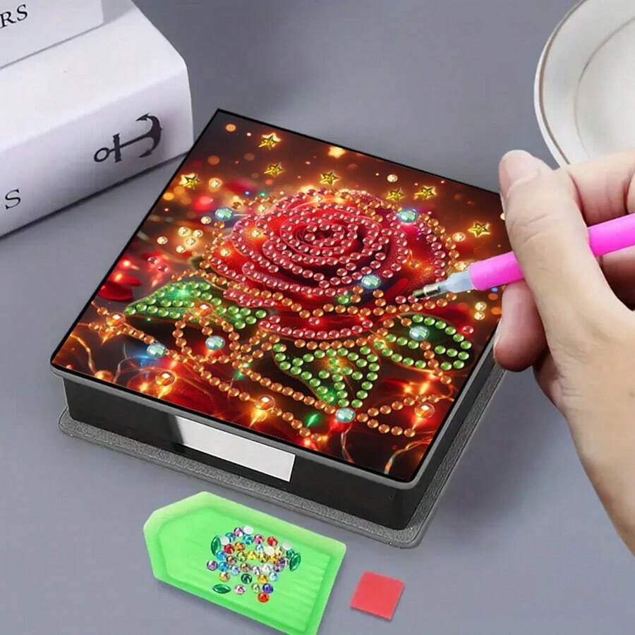1pc Rose Flower Design Diamond Art DIY Asymmetrical Crystal Rhinestone Painting, Black Faux Leather Memo Pad Box With 160 Sheets, Ideal For Home, Office And School Supplies, Craft, Cute Stationery, Holiday Gift