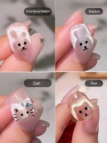 FULL BEAUTY 4个可爱兔子造型猫眼磁铁，可折叠耳朵兔子猫熊图案猫眼凝胶指甲油磁铁套装，适用于DIY凝胶指甲油磁性工具、美甲用品、美甲工具、美甲艺术工具、返校季、美甲、美甲工具，适用于按压式指甲 - 銀色 - 查看 4