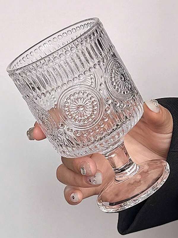 1pc Retro Embossed Glass, High-End Whisky Glass, Transparent Tall Glass Wine Glass, Suitable For Coffee, Cold Drink, Juice Glass, Fruit Tea, Milk Glass, Ice Cream Glass