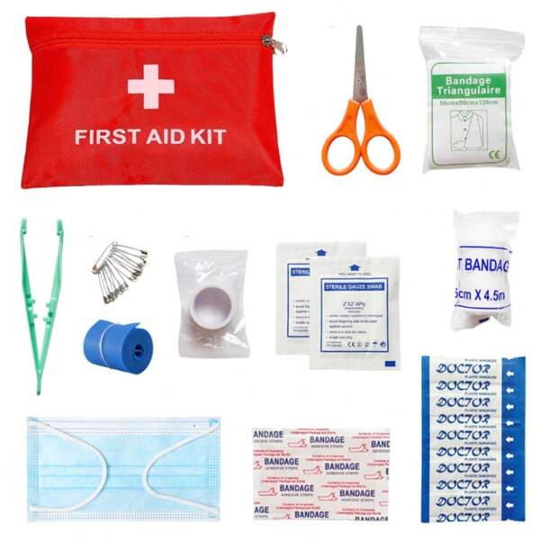Set de 12 piezas/1 Botiquín de primeros auxilios impermeable, Kit médico de emergencia conveniente, Equipo de primeros auxilios para viajes al aire libre, Bolso de viaje familiar, Kit médico contra incendios y terremotos, Botiquín de primeros auxilios que cubre las necesidades básicas de tratamiento de primeros auxilios de emergencia para la bolsa de equipo de emergencia