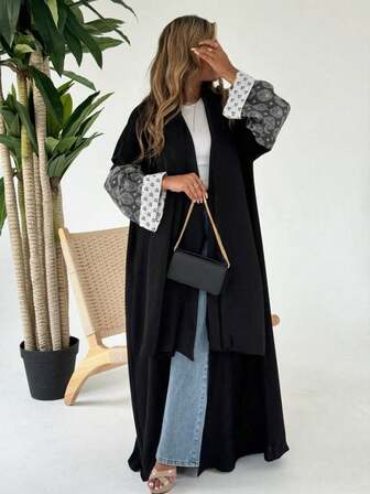 1 pieza de abrigo de estilo con diseño de manga con estampado floral multicolor elegante y clásico para mujeres, abaya, que muestra elegancia y estilo refinado, adecuado para todas las estaciones y eventos culturales, adecuado para ocasiones diarias y formales, versátil para fiestas, festivales y viajes