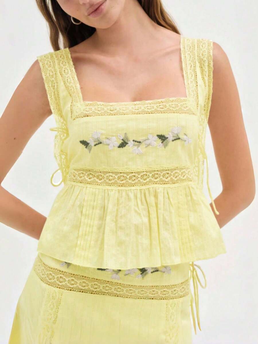 Women Y2K Lace Tie Side Vest Tops Vintage Floral Embroidery Sleeveless Square Neck Lace Up Loose Sheer Mesh Cropped Tank Tops Aesthetic Camisoles Crop Tops Summer Cute Flower Going Out Shirts Tops
