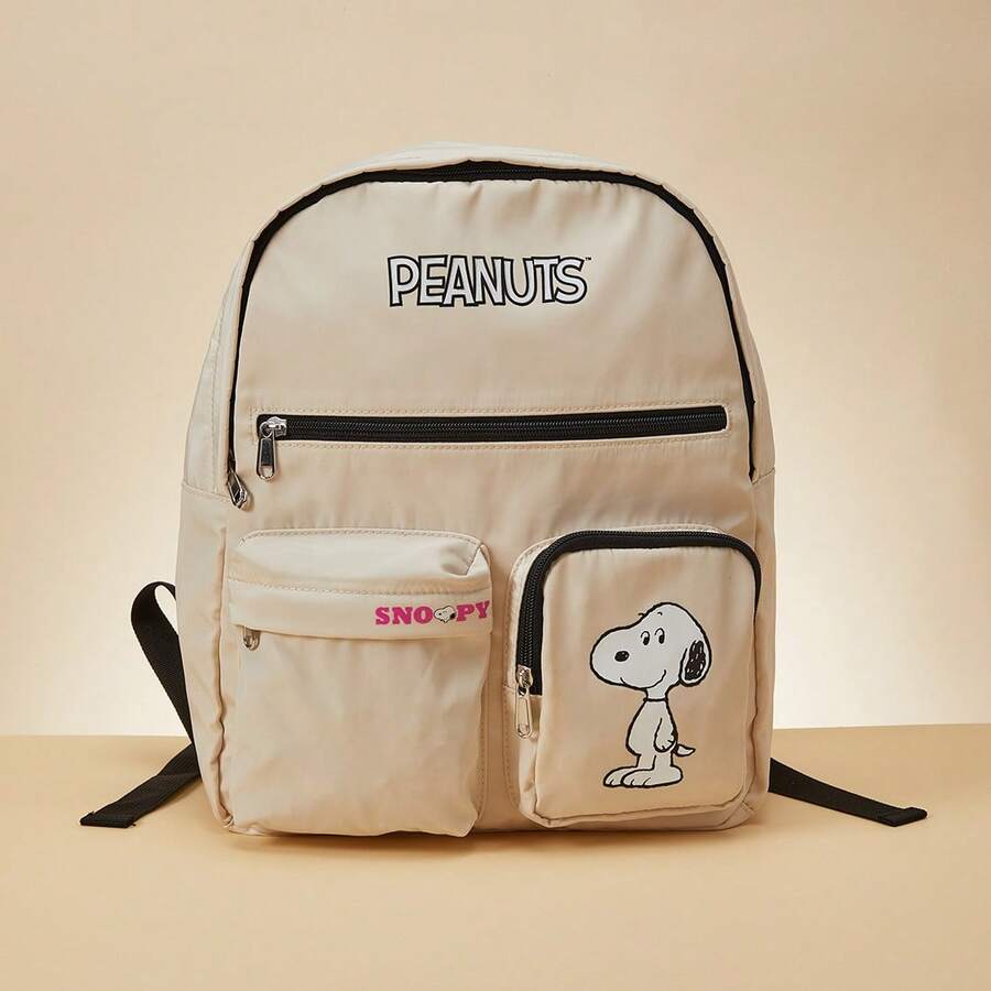 Miniso Snoopy Series Multi-Pocket Nylon Backpack High School Students School Bag Brand Unisex Shoulder Bag - Beige - View 1