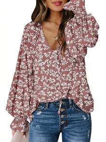 ASVIVID Elegant Floral Print Chiffon Blouse With Smocked Detail & Button Closure – Stylish Women's Ruffle Shirt For Casual & Office Wear - 粉色 - 查看 2