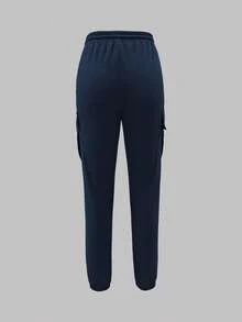 大码女式时尚休闲纯色简约口袋松紧腰抽绳工装裤，轻盈涤纶混纺柔软面料