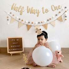 4pcs Non-Woven Fabric Happy 1/2 Birthday Decorations, Adhesive Backed, Minimalist Khaki Series, Pre-Strung, No DIY Required, Happy Birthday Garland Wreath Party Favors - Half Way to One - View 5