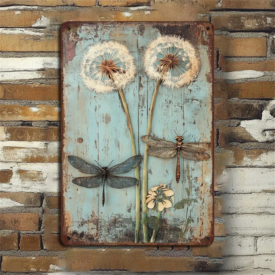 [Rustic Wooden Dandelion Wall Sign] Rustic Wooden Dragonfly And Dandelion Wall Art, 8x12 Inches - Antique Metal Decorative Sign With 3D Insects, Farmhouse Style For Kitchens And Cafes