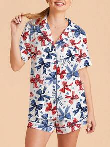 Women 4th Of July Pajama Set American Flag Short Sleeve Button-Up Tops Elastic Waist Shorts 2 Piece Sleepwear Outfit - 藍色 - 查看 7