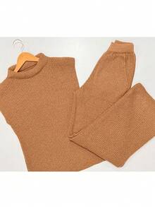 Conjunto Carmen Feminino Calça e Blusa Sem Manga Casual Dia a Dia Inverno - Marrom Claro - Visão 2