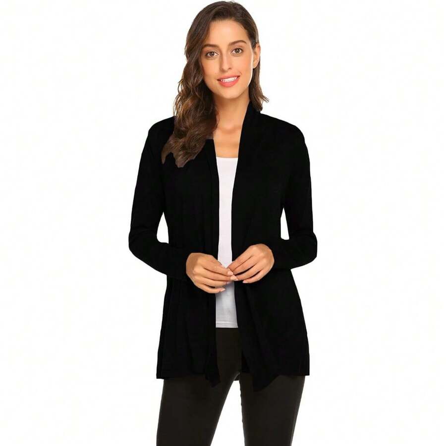 Newchoice Womens Casual Lightweight Long Sleeve Cardigan Soft Drape Open Front Fall Dusters (S-3XL) - Black - View 1