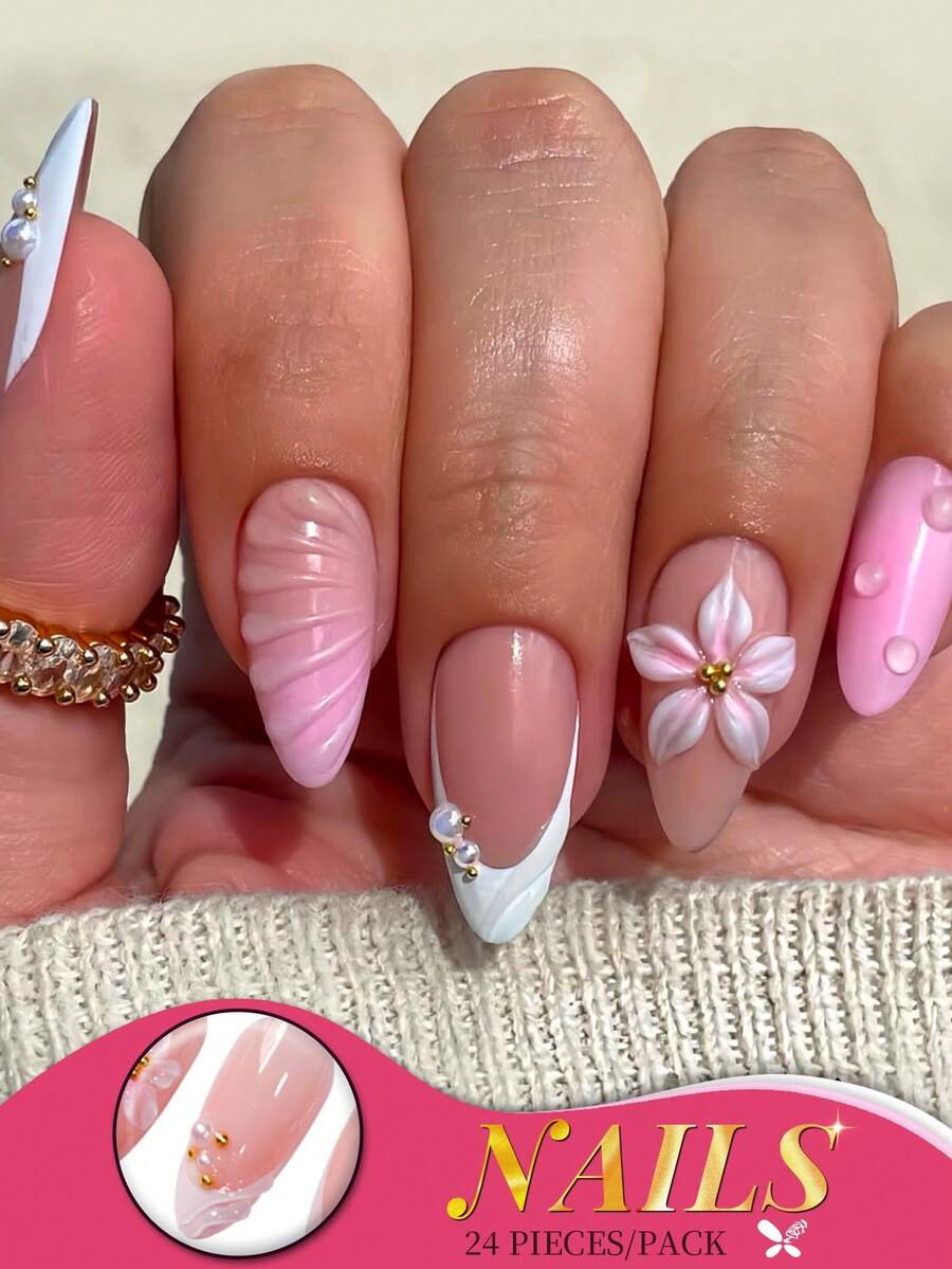 Bộ 24 móng tay giả dài đính hoa 3D màu hồng hạnh nhân đính hạt ngọc trai, họa tiết bong bóng, thiết kế vỏ sò màu nude chuyển sắc, bộ dụng cụ làm móng kèm keo dán và dũa móng cho bé gái dự tiệc mùa xuân - Hồng - Xem 1