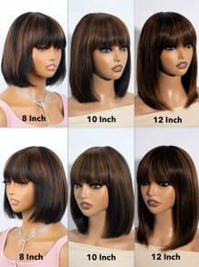 1B/30 Highlight Ombre Short Bob Wig - 100% Brazilian Virgin Human Hair, Glueless 150% Density Straight Wig With Bangs, Machine-Made For Women (All Ethnicities), Special Occasion Wig Chic Bob Cut Natural Look Wig