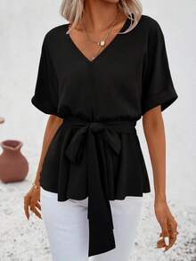 Womens V Neck Short Sleeve Belted Tops Casual Blouse Basic Tee Shirts - 黑色 - 查看 3