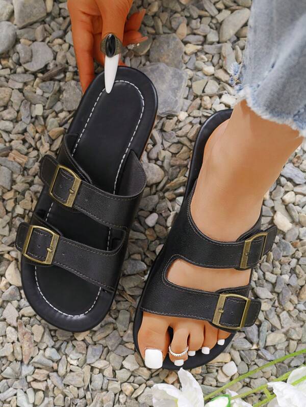 Women's Fashion Comfortable Solid Color Double-Buckle Slides, Odor-Resistant, Suitable For Vacation, Outdoor, Gym, Home, Spring/Summer Wedge & Flat Sandals