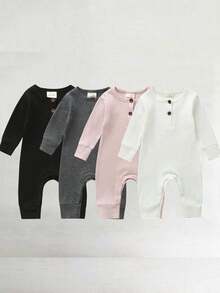 Mono unisex para recién nacidos, niño y niña, con botones, liso, de manga larga, de una pieza - Azul marino - Ver 3