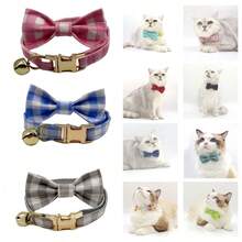 2 件套宠物猫项圈和蝴蝶结套装，锌合金柔软可调节猫项圈带铃铛，手工制作的迷你猫项圈，适合情人节、婚礼、圣诞节礼物 - 紅白色 - 查看 1