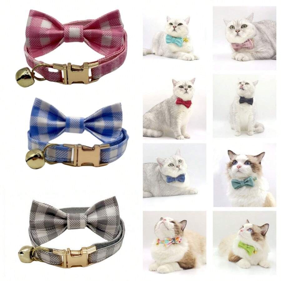 2 件套宠物猫项圈和蝴蝶结套装，锌合金柔软可调节猫项圈带铃铛，手工制作的迷你猫项圈，适合情人节、婚礼、圣诞节礼物 - 紅白色 - 查看 1