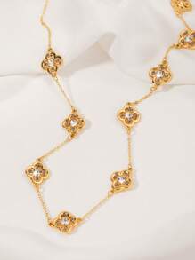 1 pendentif trèfle ajouré avec une longue chaîne, collier élégant et vintage pour femmes dans un style européen et américain