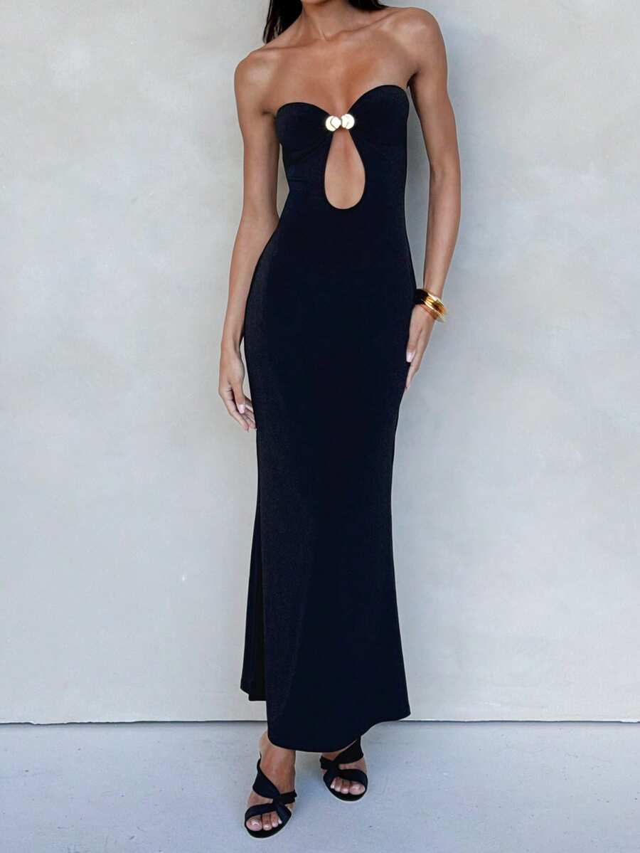 Damska sukienka maxi bez ramiączek z wycięciem – elegancka dopasowana wieczorowa suknia na imprezę, wesele, koktajl i formalne wydarzenia