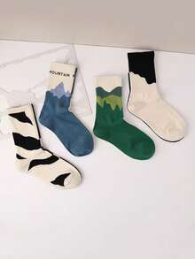 4双中筒袜，不对称设计袜子，适合女士、学生、情侣