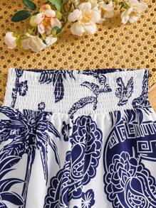 2 peças/Conjunto Casual de Meninas Pré-adolescentes com Laço e Conjunto de Calça Reta de Cintura Alta, Adequado para Férias na Praia, Verão