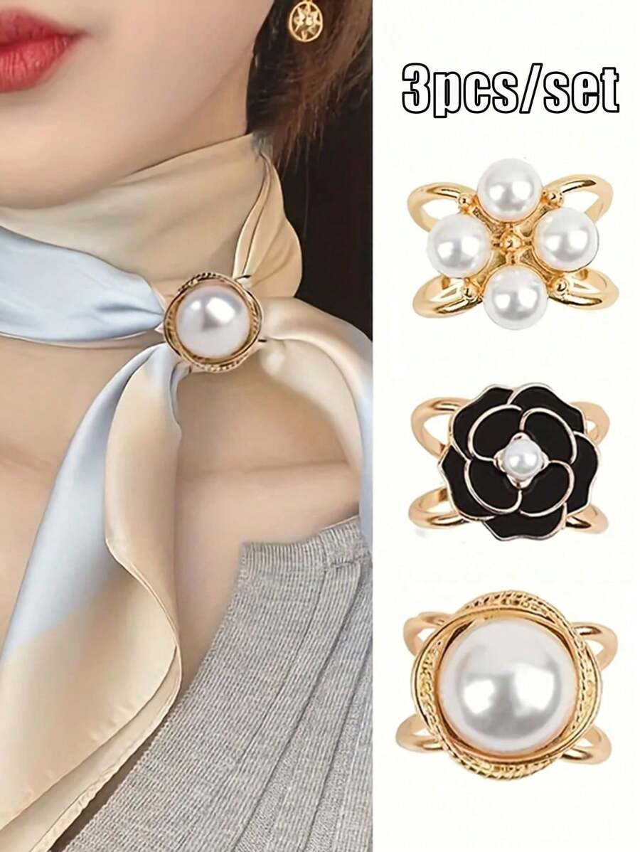 3pcs/Set Elegant Golden-Tone Faux Faux Pearl Scarf Clips,Scarf Buckle, Versatile Knot Holders For Women'S Fashion Accessories, Perfect For Parties, Daily Wear, And Gift Giving
