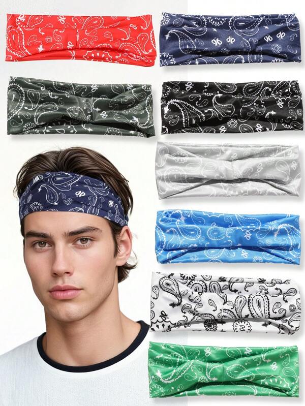 3 pièces Bandeau de sport large, doux et absorbant pour hommes avec imprimé cachemire, style bohème, convient pour la vie quotidienne, les vacances à la plage, les loisirs sportifs, le fitness, le cyclisme, accessoire capillaire décoratif pour hommes