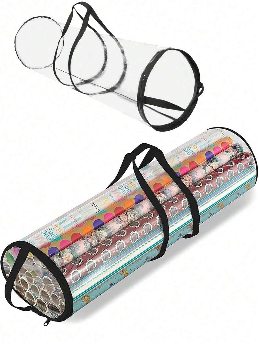 1pc Clear Gift Wrap Storage Bag,PVC Wrapping Paper Storage Bag With Black Handles,Easy Carry Tube Container. - Black - View 1