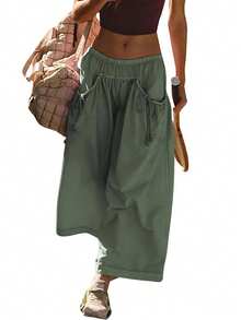 Women's Loose Wide Leg Sweatpants Drawstring Pocket Elastic Waist Kapari Micro Sheer Sexy Hiking Pants - Quân đội Xanh - Xem 1