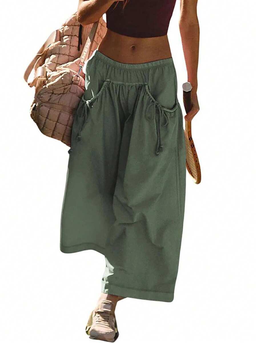 Women's Loose Wide Leg Sweatpants Drawstring Pocket Elastic Waist Kapari Micro Sheer Sexy Hiking Pants - Quân đội Xanh - Xem 1