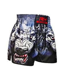 A Men's Boxing, Kickboxing Shorts With A Wolf Totem Print High-Waisted Fit - Black - View 5
