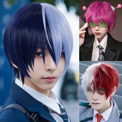 Short Straight Versatile Anime Cosplay Wig Heat Resistant Synthetic Hair With Bangs Universal Wig For Men Party Costume Wig Classic Fashion Colorful Fringe Wigs For Holiday Music Concerts Nightclub Celebration Assorted Color Versatile Style For All Skin Tones Men And Women - One Size Fits All (Color:Blue Navy Split Wig, Half Red And Half Silver Wig, Rose Red Wig, Two Color Black And Pink Wig, Pink And Blonde Wig, Black Wig)
