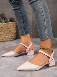 Giày sandal mũi nhọn màu trơn tối giản cho nữ, thiết kế khóa cài, giày lười đế thấp thanh lịch thoải mái, phù hợp cho mùa xuân, hè và thu! Màu be và đen cổ điển, phù hợp để đi làm, dự tiệc và những dịp trang trọng, giày cao gót đế thô thời trang giản dị - Màu be - Xem 2
