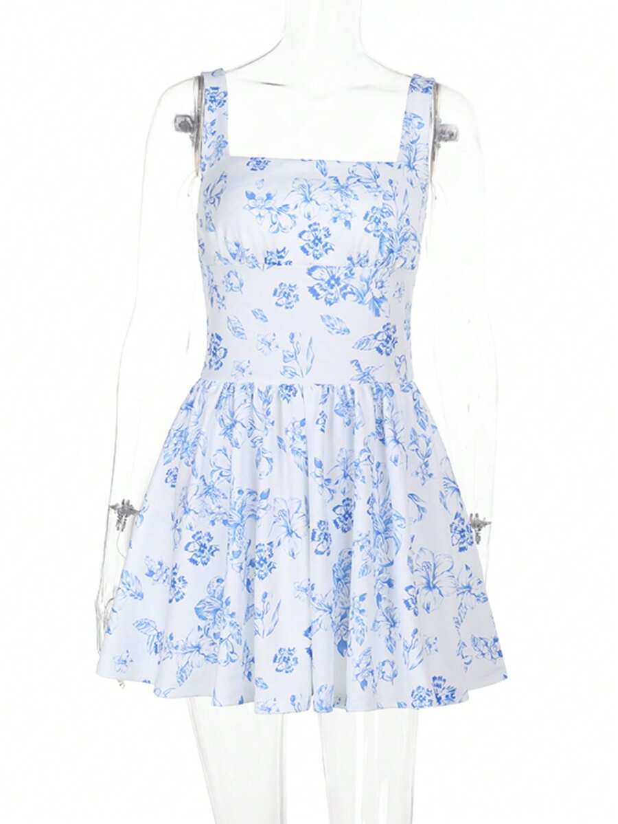 Robe évasée à col carré imprimé floral pour femmes, élégante pour les vacances/le quotidien/les festivals de musique, été