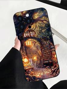 1pc Book Shelf With Tree Printed 2D Pattern, Creative, Fashionable, Cartoon Cute Bookshelf Tree Style Gift For Elders, Friends, Family, Couples, Birthday, Holiday, Soft Matte Dustproof Waterproof Full Cover Protective Case Compatible With IPhone 16/15/14/13/12/11/Pro/ProMax/X/XR/XS/XSMAX/7/8/PLUS And Models - Black - View 6