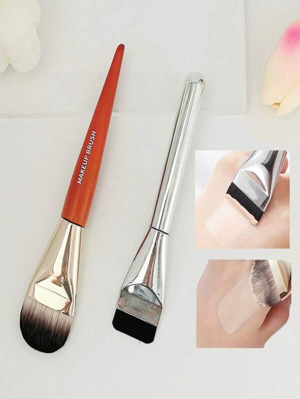 1/2 Pcs Foundation Brushes - Soft Nylon Bristles Easy To Carry, A Uniform Makeup Application Tool For All Skin Types, A Facial Brush Suitable For Liquid And Paste Foundation Make-Up, Compact Design And High-End Finishing Effect - Cosmetics Beginners And Travel Necessities, Mini Makeup Brushes, Elegant Cosmetics Accessories, Alcohol Free Formula