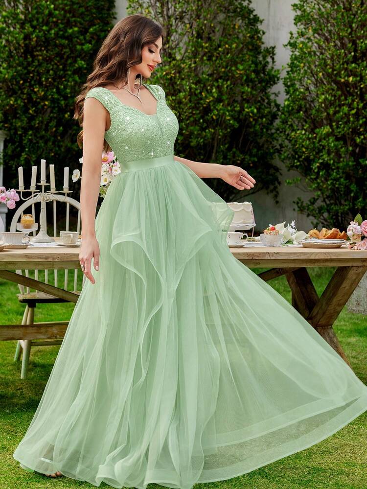 MIUSOL Vestido de manga corta con cuello en V, encaje floral con lentejuelas, contraste de color con malla y volantes en el bajo, vestido elegante de noche para mujer, vestido de cóctel formal, adecuado para fiestas, bodas, graduaciones, galas y otras ocasiones de primavera - verde menta - Añade 4