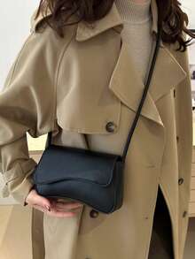 Geantă de umăr la modă, cu clapă asimetrică reglabilă, de culoare solidă, potrivită pentru cumpărături, portofele, cumpărături, femei tinere, studenți, nou-veniți, lucrători cu gulere albe. Sunt foarte potrivite pentru birouri, universități, muncă, afaceri, naveta, activități în aer liber, călătorii și ieșiri. - Negru - Vizualizare 2