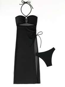 2pcs Set Solid Color Casual Elegant Sexy Net Insert Back Tie Ruffle Drawstring Swimsuit, Suitable For Beach, Travel, Workout, All Season