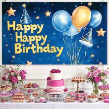 1 szt. Niebieski kapelusz urodzinowy z nadrukiem Happy Birthday Party, dekoracja tła na przyjęcie urodzinowe (wiele rozmiarów)