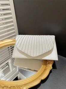 女士经典优雅褶皱设计翻盖晚宴手拿包、正式派对钱包、新娘婚礼信封手提包、适合礼服的链条单肩包 - 白色 - 查看 3