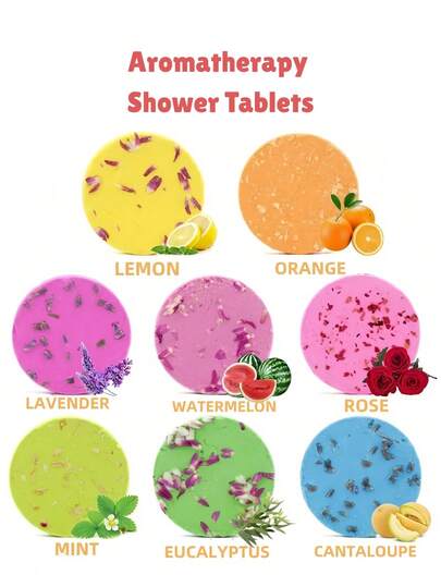 1/PC Aromatherapy Essential Oil Shower Tablets, Bath Tablets, 8 Flavors, Fruit, Floral, Sweet, Bathroom Fragrance, Room Fragrance, Home Fragrance, Can Be Given As A Gift To Friends, Wedding Souvenirs, Couple Gifts, Long-Lasting Fragrance