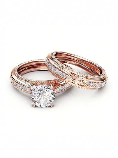 2 件套时尚方晶锆石戒指，适合女士结婚订婚周年派对珠宝情人节礼物