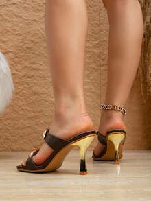 全新热销夏季款式金色时尚纽扣设计凉鞋，简约露趾方头细高跟鞋 - 棕色 - 查看 4