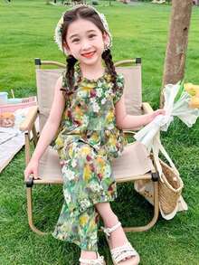 فستان البنت المزهر] مجموعة قطعتين صيف 2025 جديدة، بدلة بنات بدون أكمام بطراز زهري | فستان صيفي كاجول للبنات بتصميم دانتيل عصري للخارج، ملابس أطفال