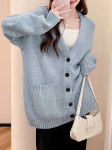 Alicedudu Áo khoác len cardigan dệt kim rộng rãi thoải mái cho nữ - Màu xanh lam - Xem 4