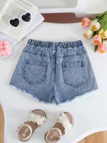1pc Girls Golden Embroidered Cute Bow Ripped Denim Shorts, Fashion Streetwear Versatile