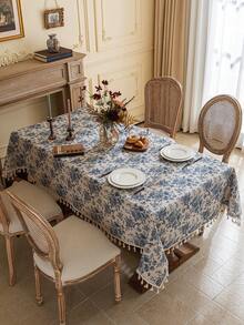1pc Bohemian Vintage Blue Rose Floral Tassel Tablecloth, Rectangular Dust Cover For Dining Table, Coffee Table, Bedside Table, Suitable For Farmhouse, Kitchen, Dining Room, Living Room, Party, Picnic, Camping, BBQ, Holidays, Weddings, Home Decor, Spring/Summer